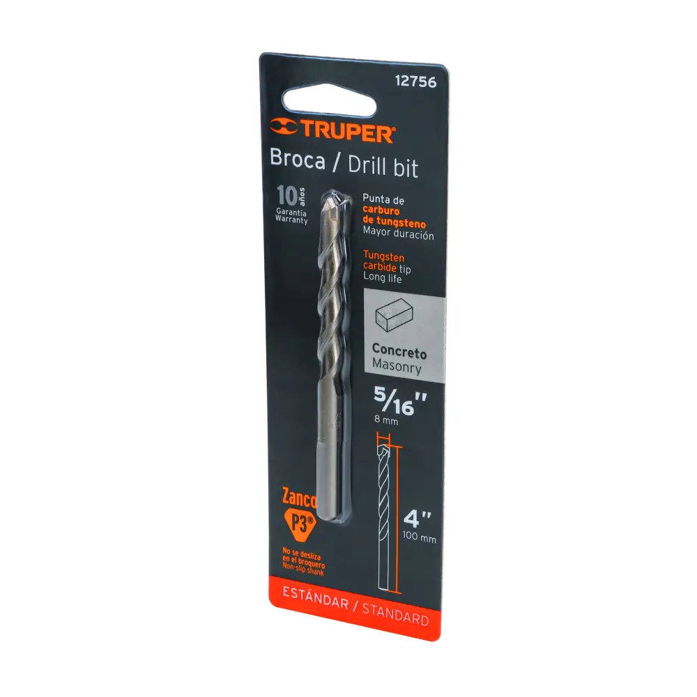 Broca para concreto de 5/16 x 4" en blíster, truper BCT-5/16X4-B