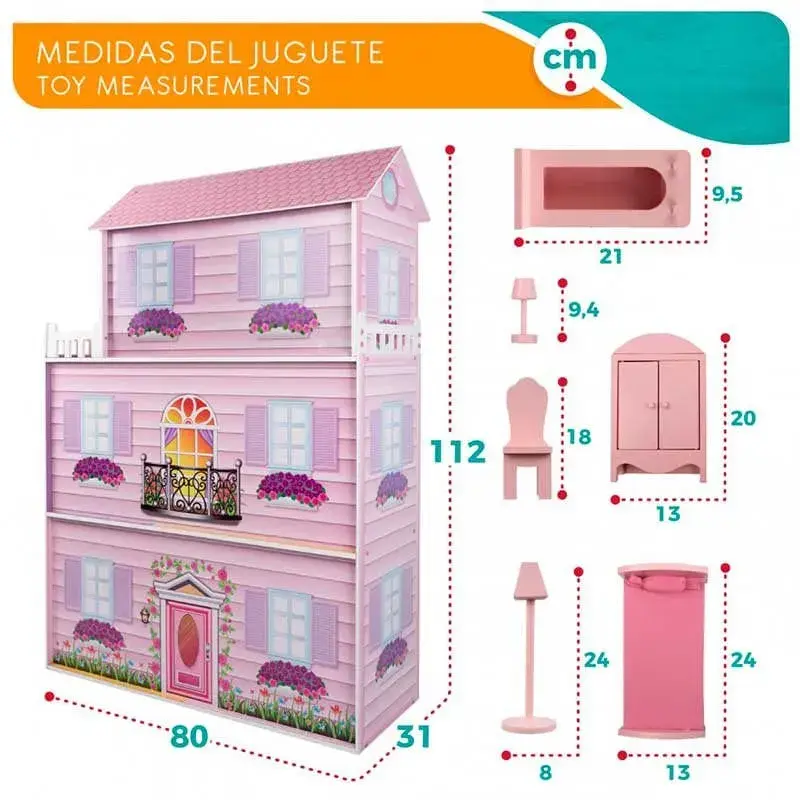 Casita de muñecas de madera Woomax 3 plantas 14 accesorios +3A rosa 112x80x31 cm
