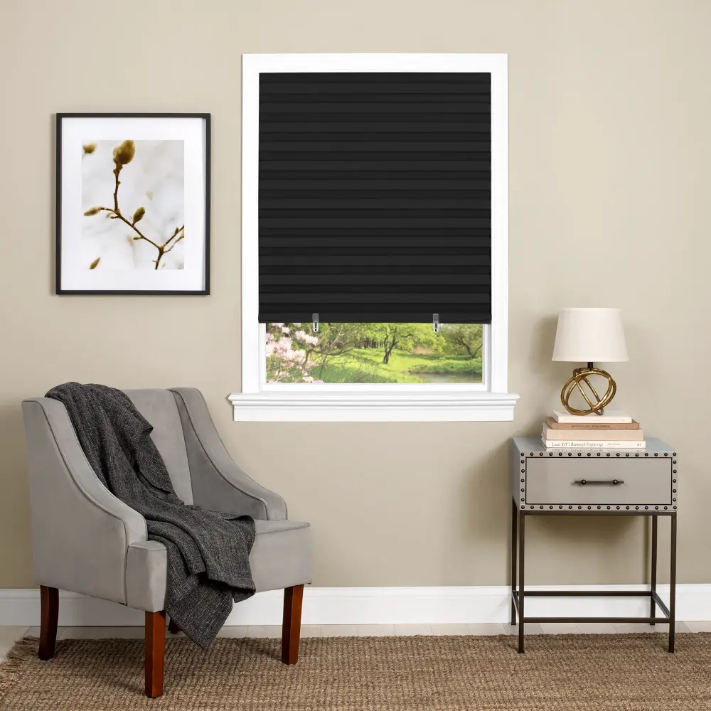 Persiana para ventana plisada de vinilo inalámbrico 1-2-3 Peel 'n Stick, color negro, 48 x 75 pulgadas