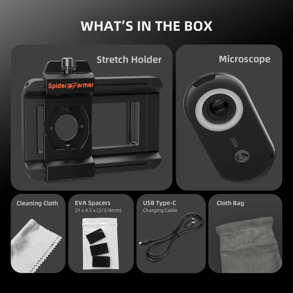 Microscopio de Mano 200× Spider Farmer – Lente Clip para Smartphone con LED, UV y Filtro CPL