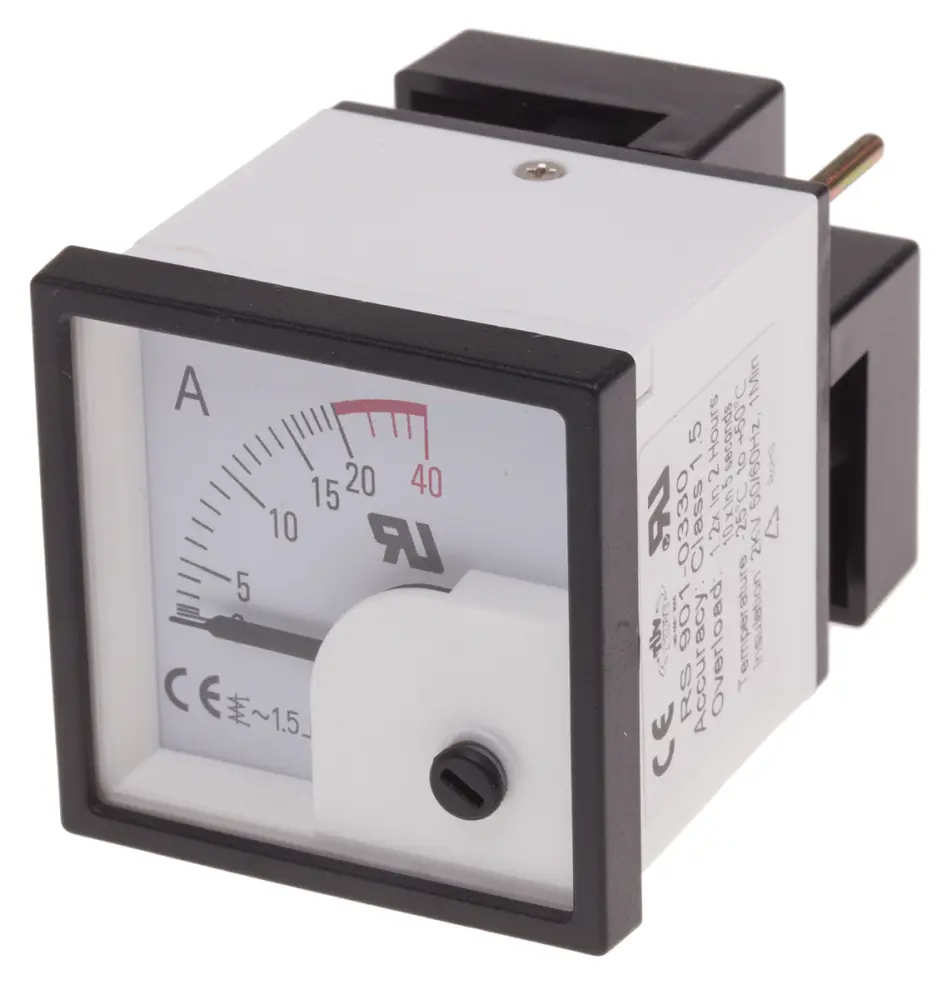 Amperímetro analógico de panel AC , valor máx. 20A, ±1,5%, dim. 46mm x 46mm