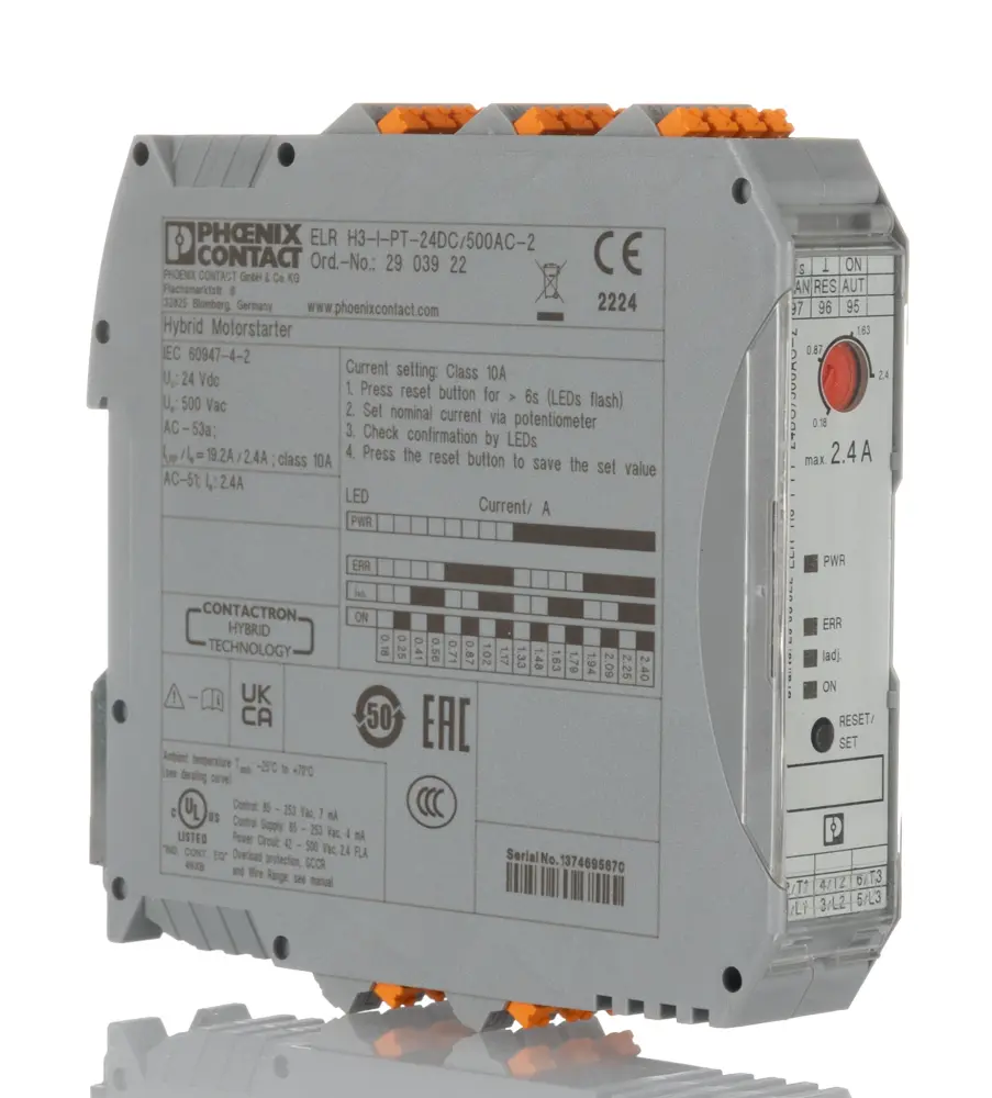 Arrancador de motor Phoenix Contact CONTACTRON , 40 mA, 24 V dc, trifásico, IP20 | 2903922