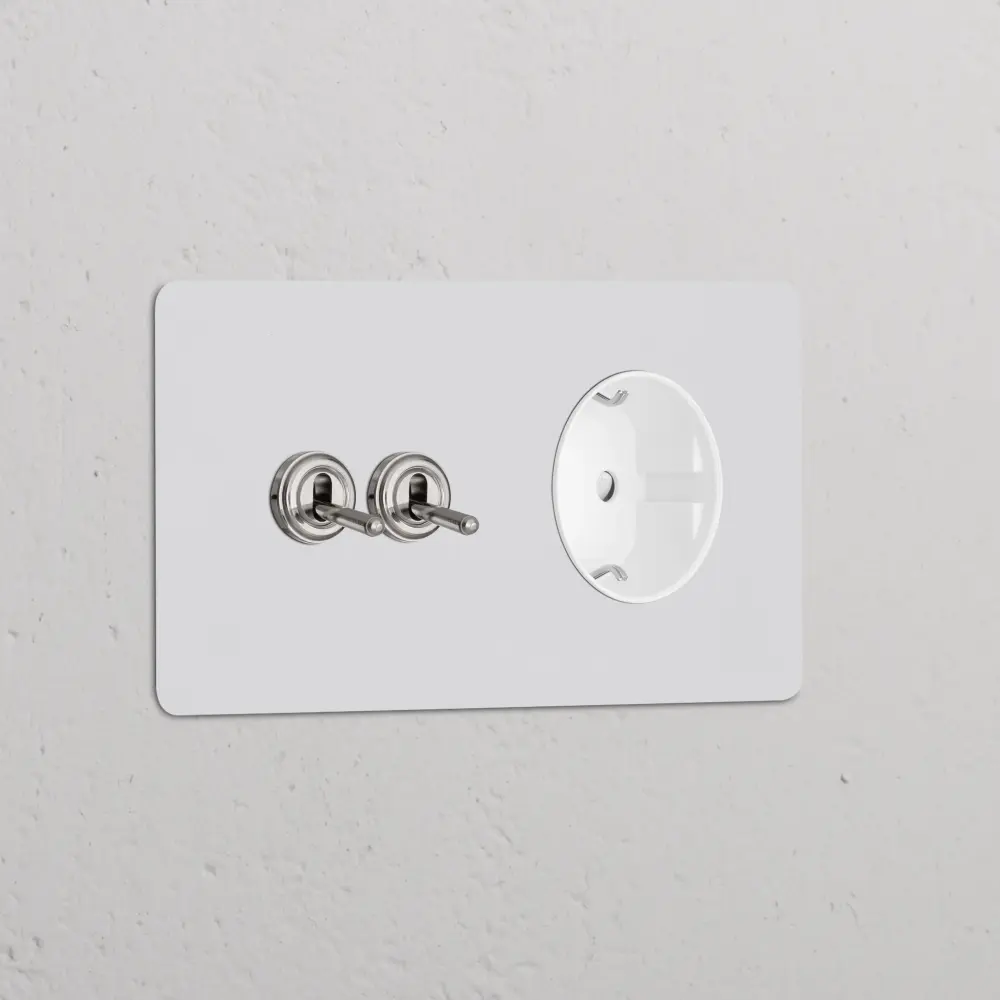 Kew Interruptor de alavanca de duas vias & tomada Schuko Tipo F duplo - Níquel Polido Pintável | Branco
