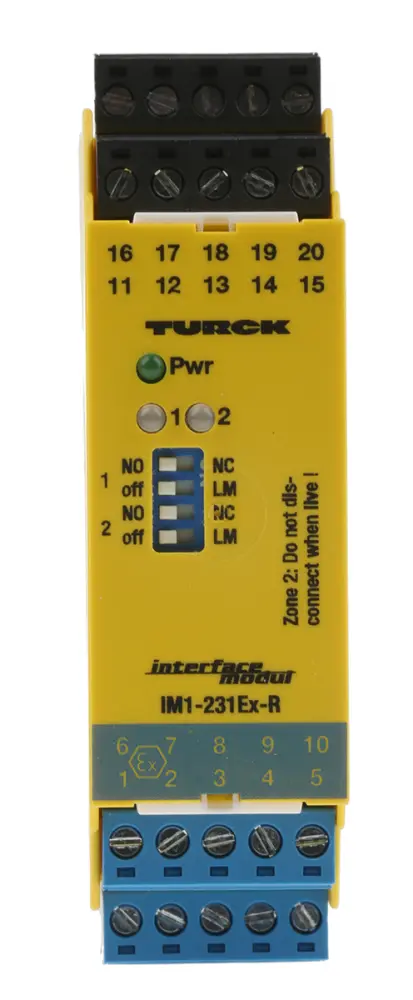 Aislador galvánico Turck de 2 canales, 20 → 250V ac, entrada Sensor NAMUR, Interruptor, salida Relé, certif. | IM1-231...