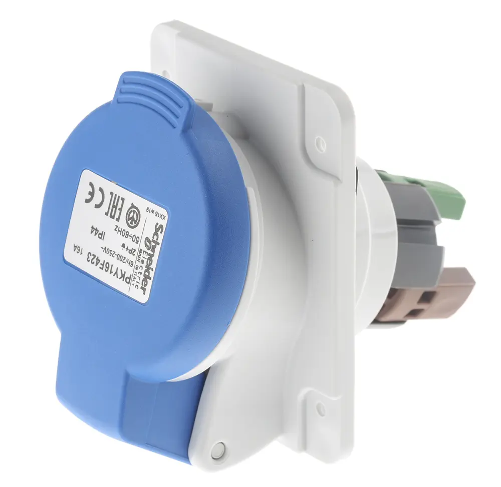 Conector de potencia industrial Hembra, Formato 2P + E, Orientación En Ángulo, PratiKa, Azul, 230 V, 16A, IP44 | PKY16F4...
