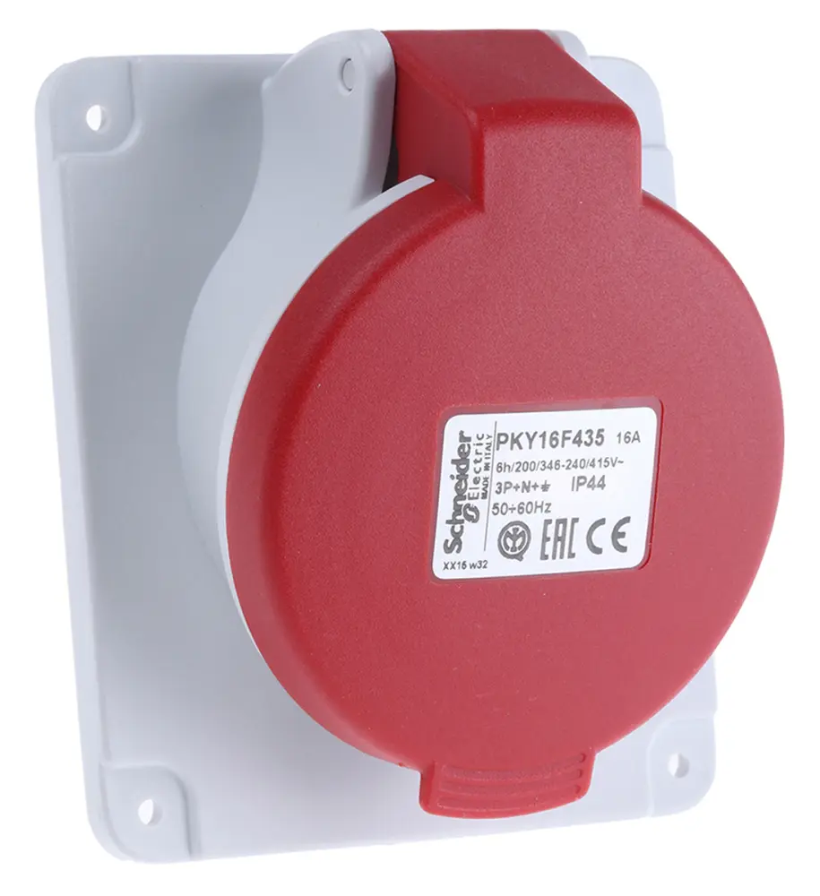 Conector de potencia industrial Hembra, Formato 3P + N + E, Orientación Ángulo de 90° , PratiKa, Rojo, 415 V, 16A, IP44...