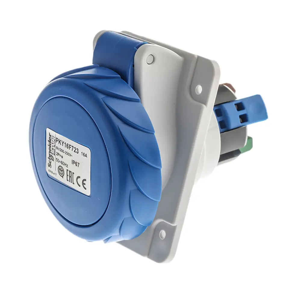 Conector de potencia industrial Hembra, Formato 2P + E, Orientación Ángulo de 90° , PratiKa, Azul, 230 V, 16A, IP67 | P...