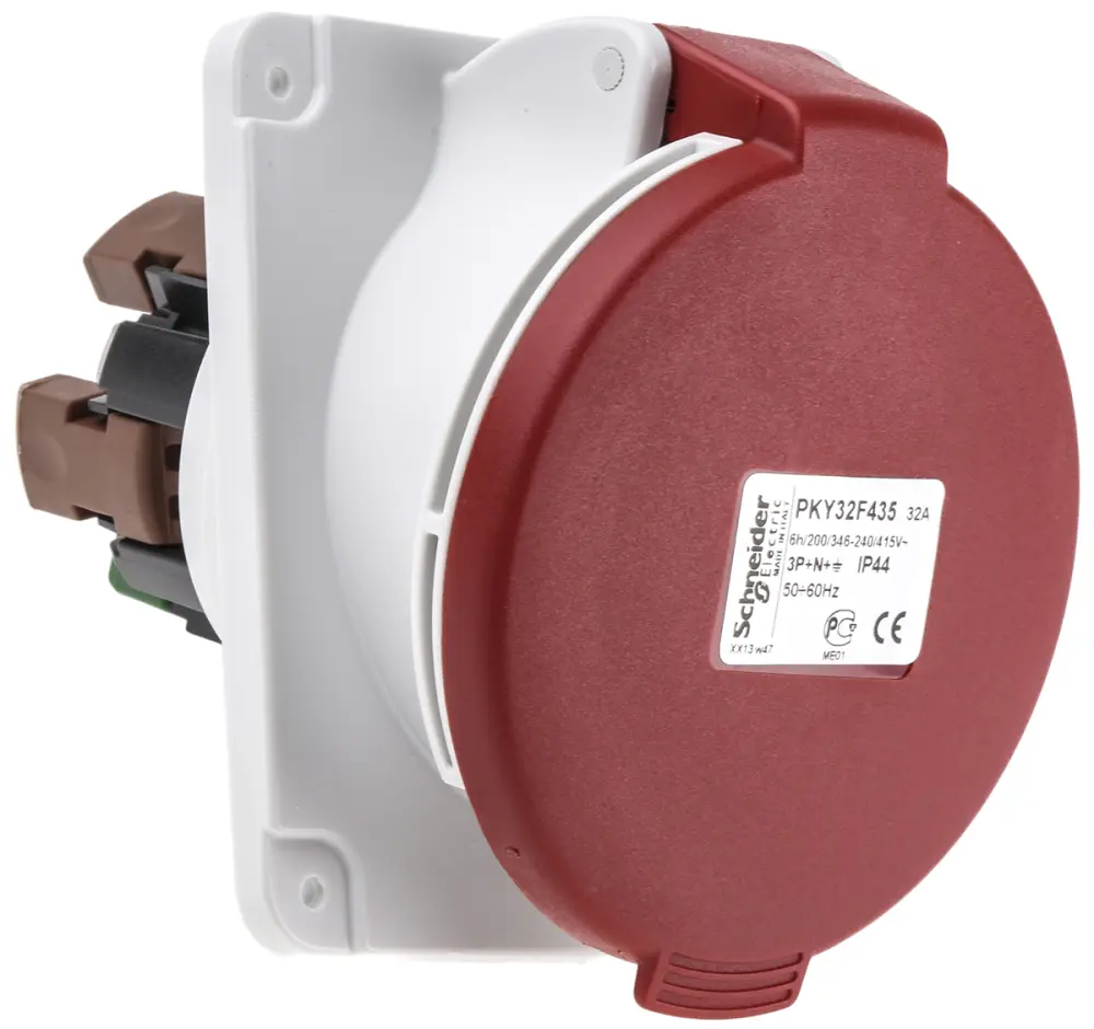 Conector de potencia industrial Hembra, Formato 3P + N + E, Orientación Ángulo de 90° , PratiKa, Rojo, 415 V, 32A, IP44...