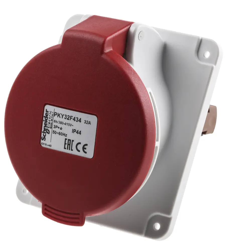 Conector de potencia industrial Hembra, Formato 3P + E, Orientación Ángulo de 90° , PratiKa, Rojo, 415 V, 32A, IP67 | P...