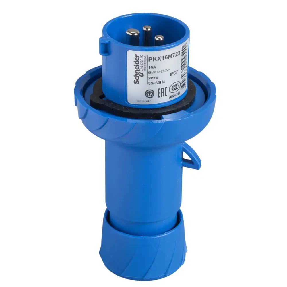 Conector de potencia industrial Macho, Formato 2P + E, Orientación Recto, PratiKa, Azul, 230 V, 16A, IP67 | PKX16M723 Sch...