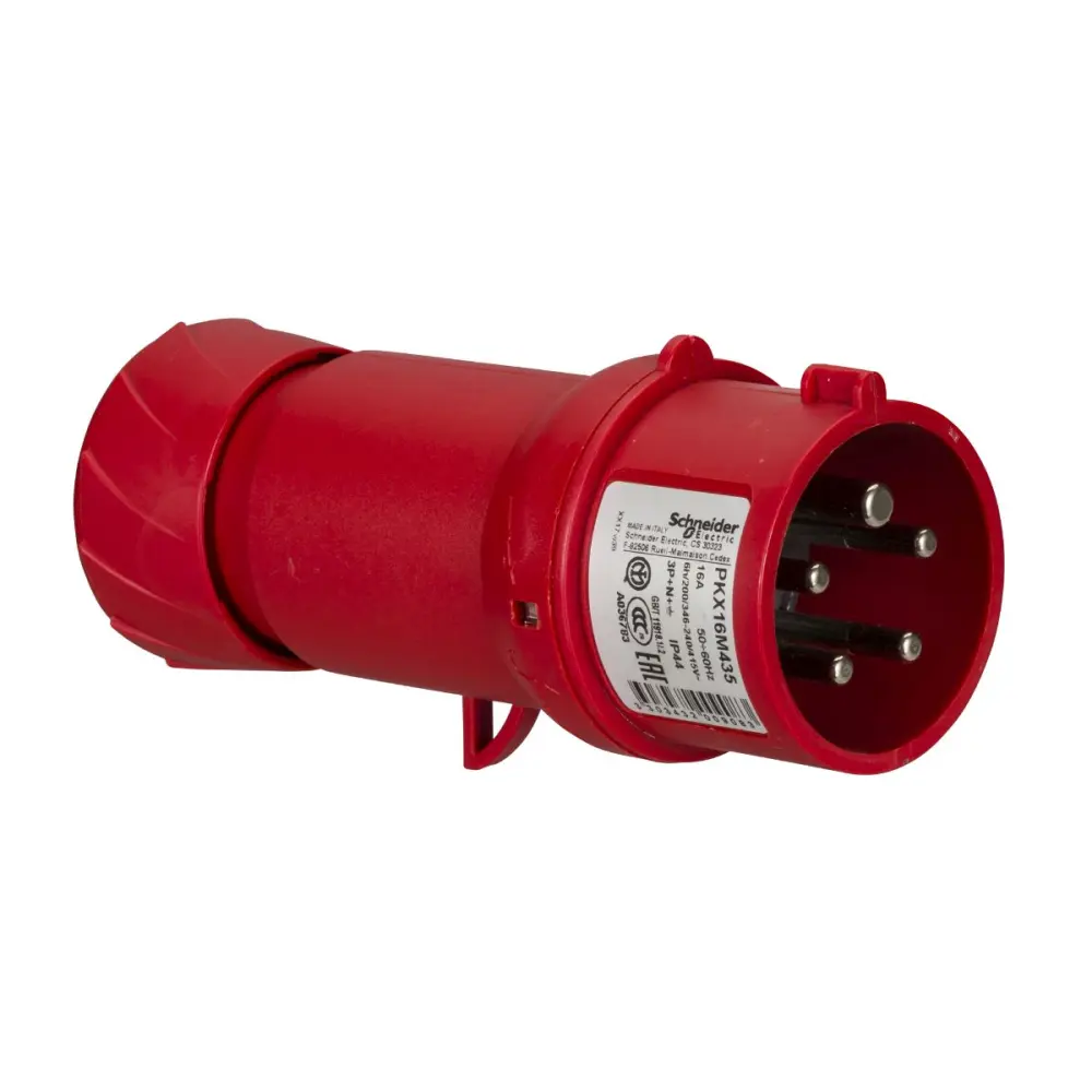 Conector de potencia industrial Macho, Formato 3P + N + E, Orientación Recto, PratiKa, Rojo, 415 V, 16A, IP44 | PKX16M435...