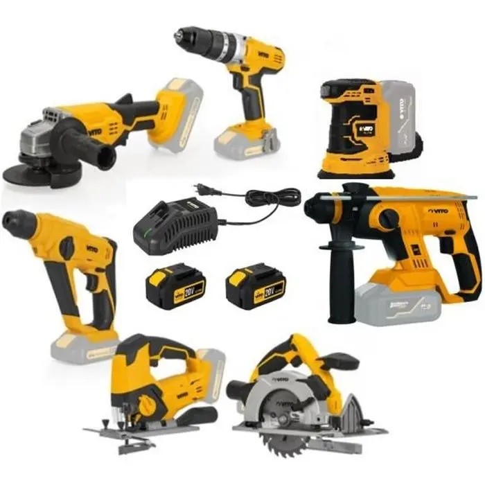 Pack 7 herramientas vitopower 20v lithium + 2 baterías 2ah + cargador rápid | Resistente al Agua | Prueba de Golpes