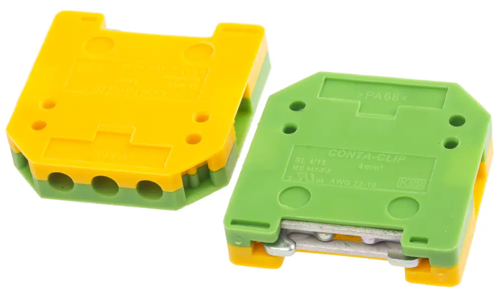 Bloque terminal de tierra, 2 vías, Sujeto con Tornillo, 0,2 → 4 AWG, long. 32mm, Verde/Amarillo