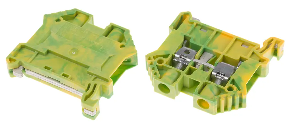 Bloque de tierra, Sujeto con Tornillo, 22 → 8 AWG, Carril DIN, Verde/Amarillo