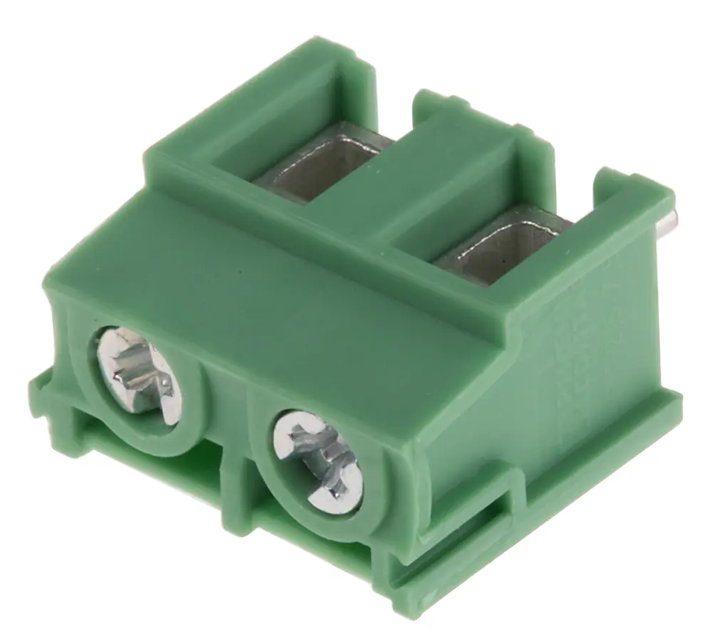 Borne para PCB Phoenix Contact de 2 vías, paso 7.5mm, 32A, de color Verde, montaje Montaje en orificio pasante, | 1988105