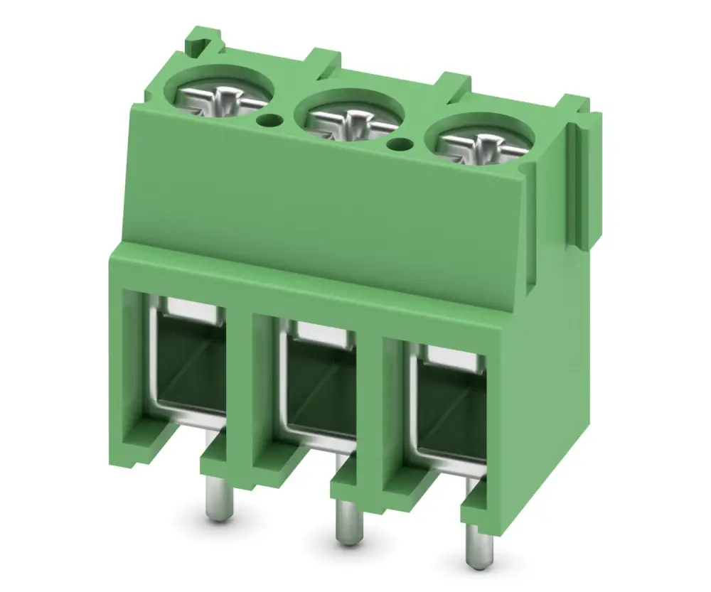 Borne para PCB Phoenix Contact de 3 vías, paso 5mm, 32A, de color Verde, montaje Montaje en orificio pasante, | 1935789