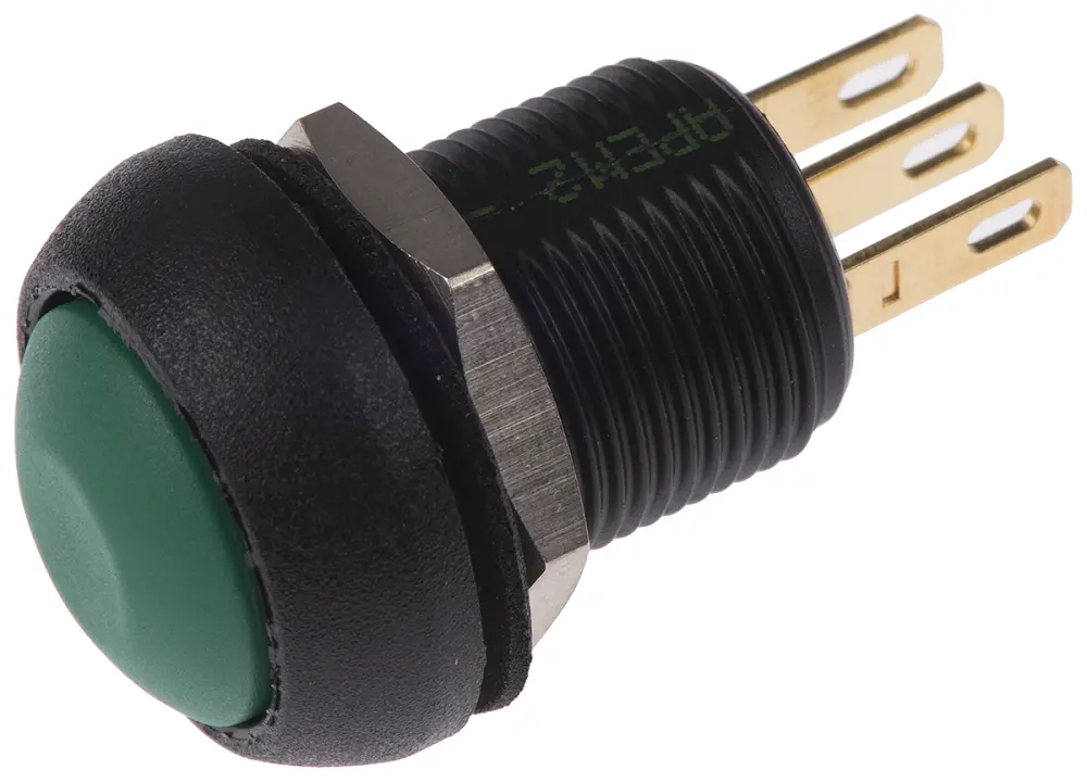 Interruptor de Botón Pulsador APEM, color de botón Verde, SPDT, acción momentánea, 3 , 28V dc, Montaje en Panel, IP67 ...