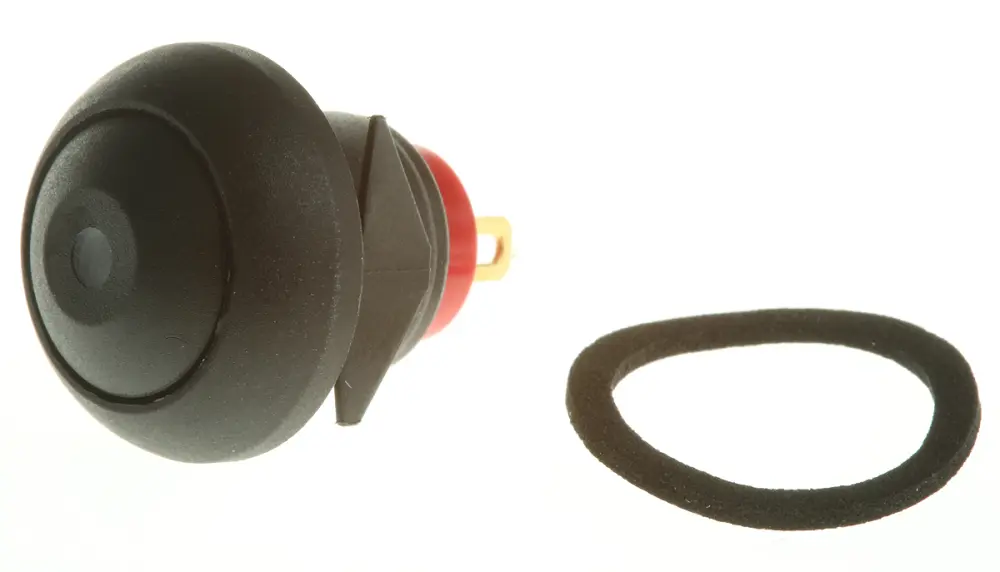 Interruptor de Botón Pulsador En Miniatura , color de botón Negro, SPST, acción momentánea, 400 mA 32 V ac,