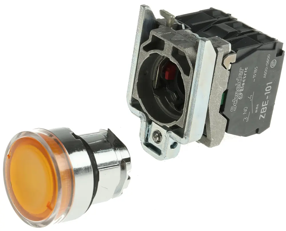 Pulsador Schneider Electric Harmony XB4, color de botón Orange, SPDT, Montaje en Panel, iluminado, 230V | XB4BW3565