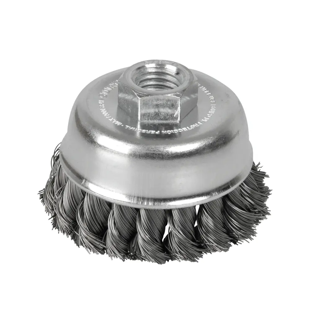 Carda copa trenzada alambre abultado de acero inoxidable 3" x 0.50 mm con rosca M14 Surtek