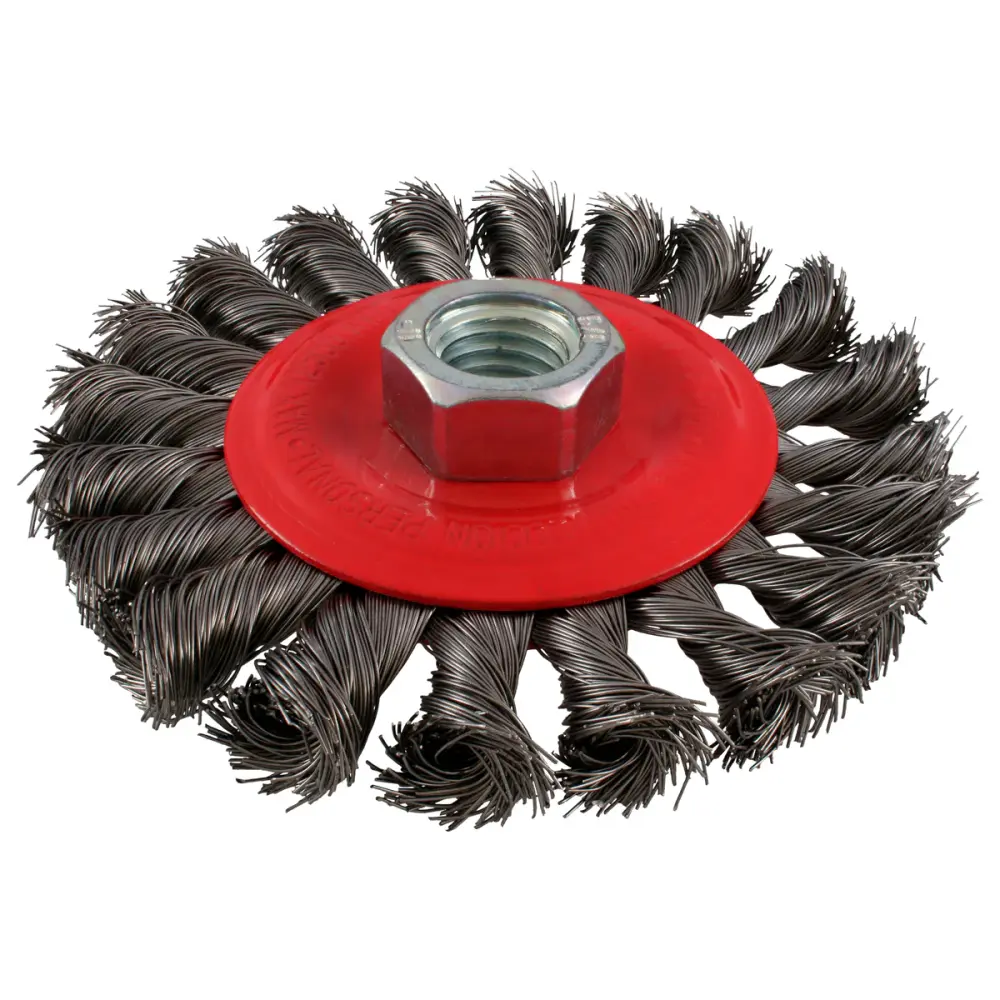 Certificado de Calidad Carda circular trenzada alambre esbelto de acero inoxidable 4" x 0.35 mm con rosca M14 Urrea
