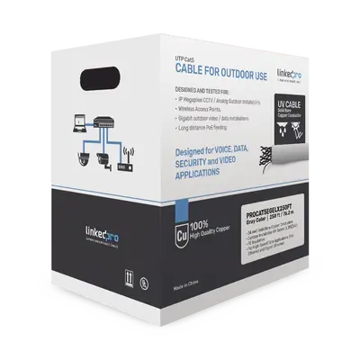 Cable UTP Cat5E LinkedPro / Color Negro / 250 Pies con Gel / Exterior / 100% Cobre Certificado.