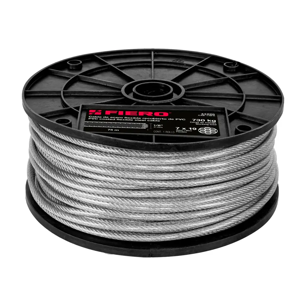 Metro Cable Maleable 1/8" Acero 7x19 Recubierto PVC, 75 m, Fiero 44225