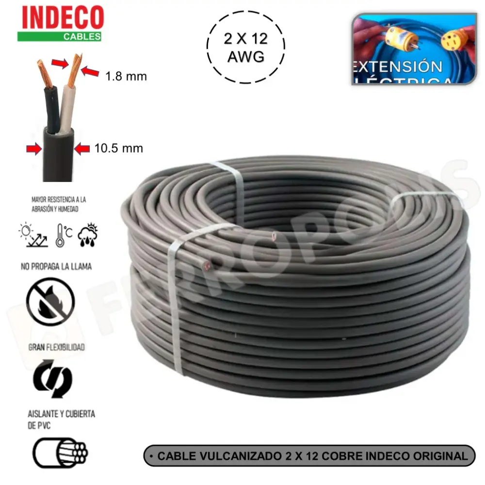 CABLE VULCANIZADO 2 X 12AWG MONOFASICO "INDECO" (x100mtrs)
