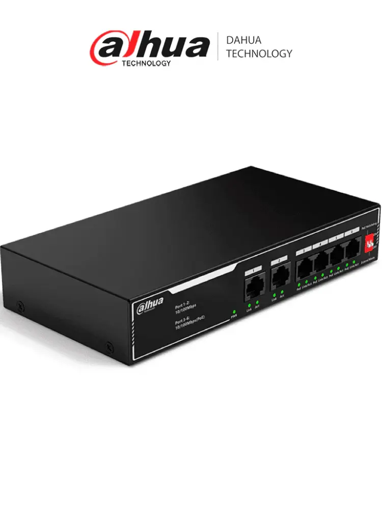 DAHUA DH-SF1006LP - Switch PoE de 6 Puertos Fast Ethernet/ 4 Puertos PoE 10/100/ 36 Watts Totales/ 2 Puertos Uplink RJ45 1...