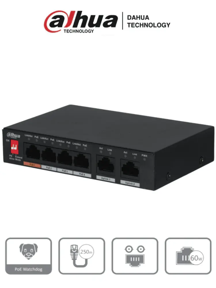DAHUA PFS3006-4ET-60 - Switch PoE de 6 Puertos Expreso Ethernet/ 4 Puertos PoE/ 2 Puertos Uplink/ 60 Watts Totales/ Soport...