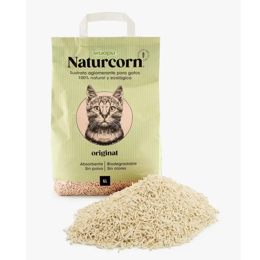 Sustrato Absorbente Wuapu Naturcorn Auténtico En Pelet Biodegradable Para Gato 6 Uds 6l