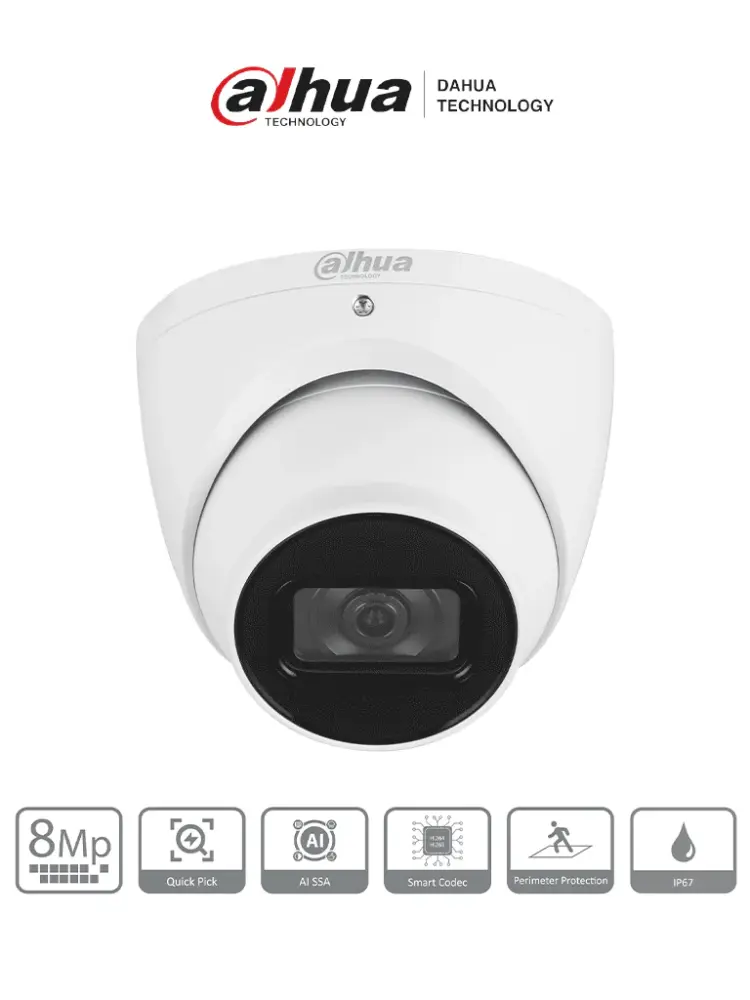 DAHUA DH-IPC-HDW3841EM-S-S2 - Cámara IP Domo de 8 MP con diseño Eyeball, lente 2.8 mm, y tecnologí WizSense. Ofrece vis...