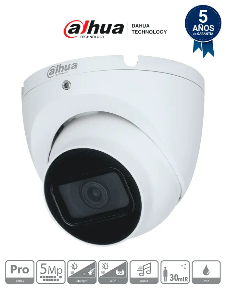 DAHUA HAC-HDW2501TLM- - Cámara Domo 5MP, Serie Pro con lente de 2.8mm y ángulo de 111°; IR 30m, micrófono integrado, c...