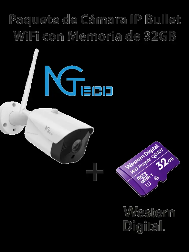 NGTECO NGC401PAK - Paquete de Cámara NGC401 IP Bullet WiFi 1080P con Memoria de 32GB Diminuto SDHC/ Linea Purple/ Clase 1...
