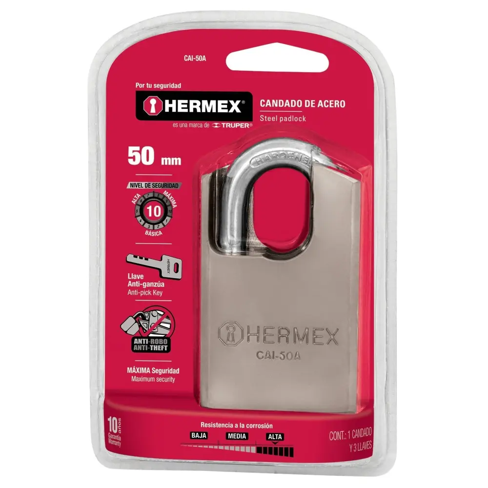 Candado de acero, máxima seguridad, 50mm, llave anti-ganzú | Envío Rápido