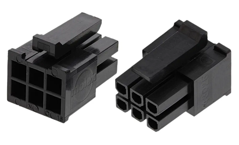 Carcasa de conector Molex 43025-0608, Serie Micro-Fit 3.0, paso: 3mm, 6 contactos, 2 filas, Recto, Hembra, Montaje de