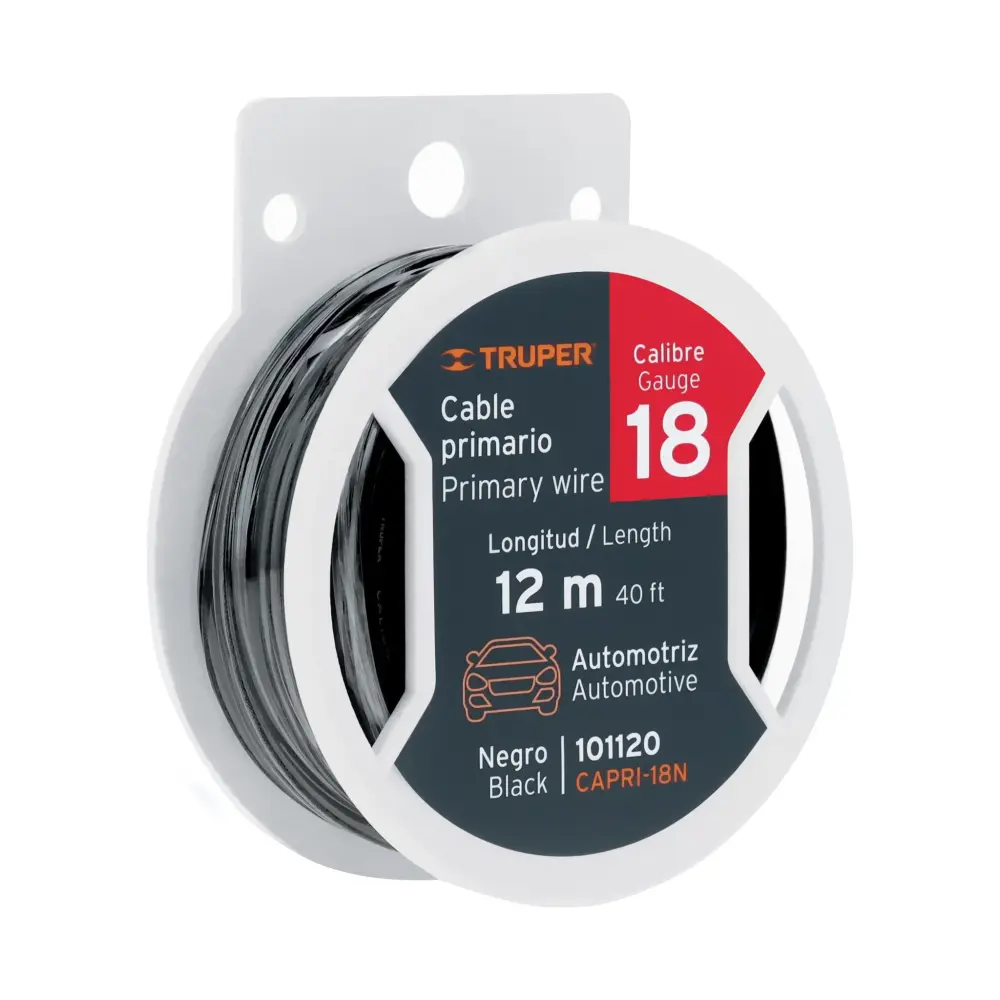 Carrete con 12 m de cable primario negro calibre 18, TRUPER CAPRI-18N con 50 Bridas Incluidas