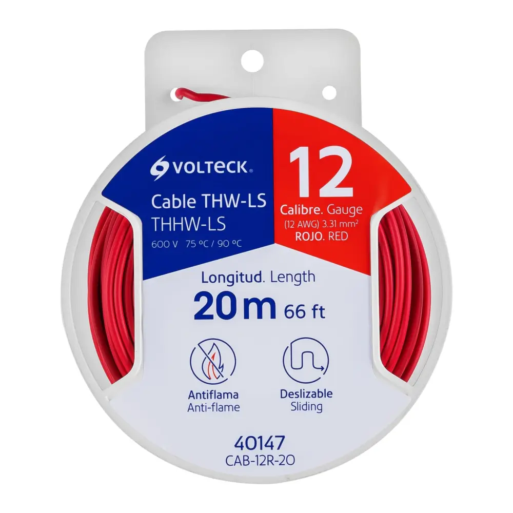 Carrete con 20 m de cable THHW-LS 12 AWG rojo, Volteck | Autoadhesivo | 5 Metros
