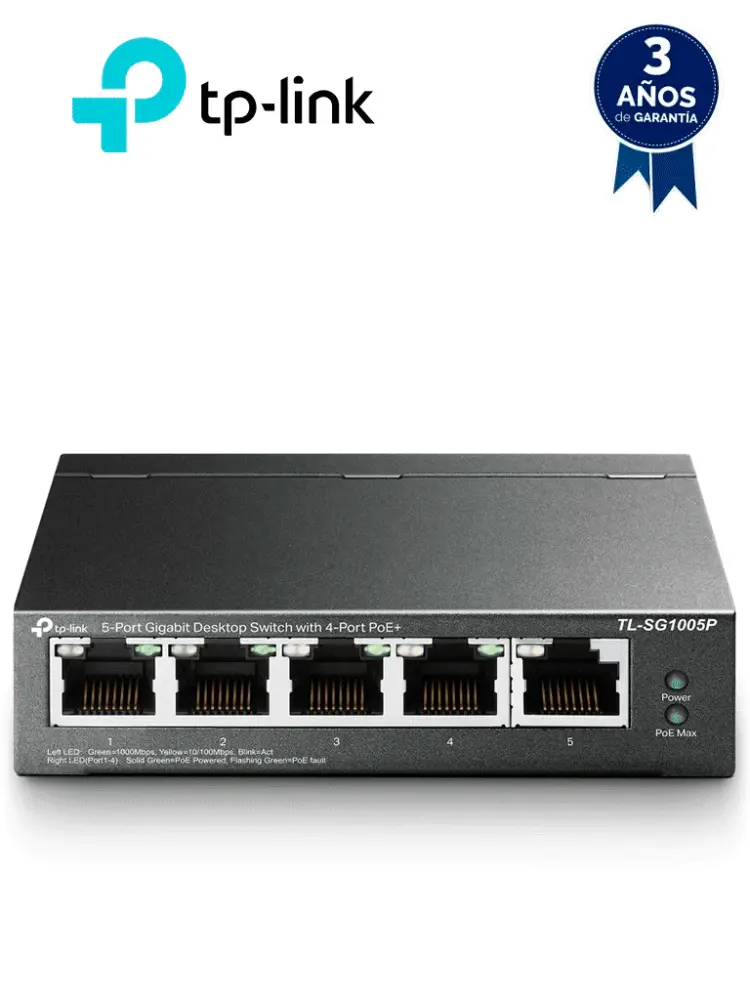 TP-LINK TL-SG1005P - Switch Escritorio No Administrable de 5 puertos 10/100/1000 Mbps, con 4 puertos PoE 802.3af/at de has...