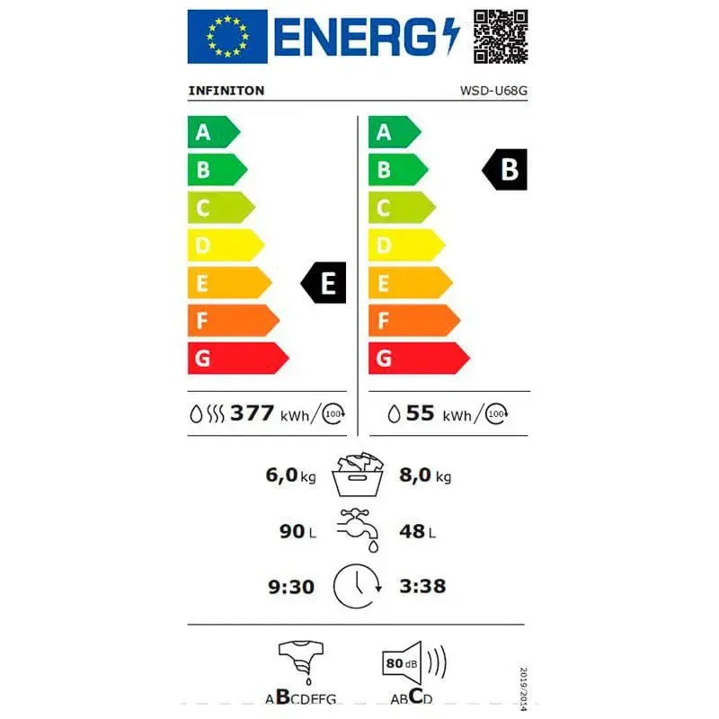 Lavadora/secadora Infiniton WSD-U68G 8kg/6kg 1400 rpm Inverter 16 programas B/E blanco 85x59,5x47 cm