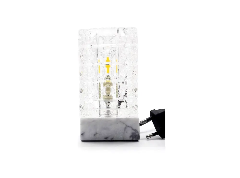 Lámpara de Mesa Base Piedra Blanco y Estructura Vidrio Dimensionesdo