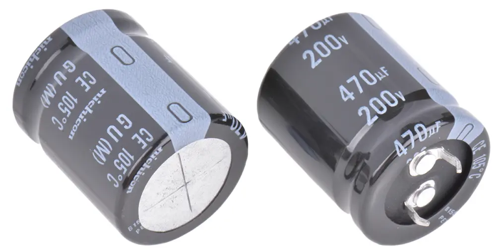 Condensador electrolítico Nichicon serie GU, 470μF, ±20%, 200V dc, de encaje presión, 25 (Dia.) x 30mm, paso 10mm | LG...