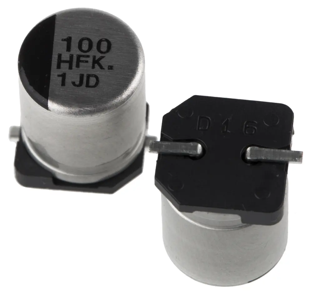 Condensador electrolítico Panasonic serie FK SMD, 100μF, ±20%, 50V dc, mont. SMD, 8 (Dia.) x 10.2mm, paso 3.1mm | EEEFK...