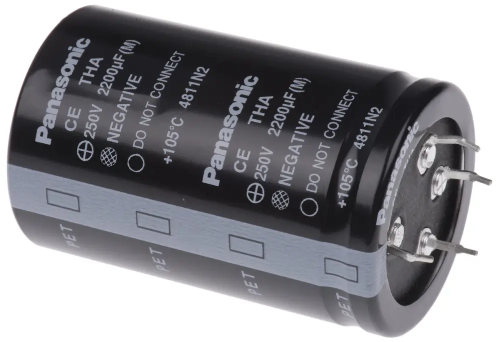 Condensador electrolítico Panasonic serie UP SNAP , 2200μF, ±20%, 250V dc, mont. pasante, 40 (Dia.) x 63mm | ECET2EA222FJ