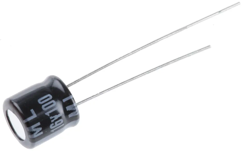 Condensador electrolítico Rubycon serie ML, 100μF, ±20%, 16V dc, Radial, Orificio pasante, 6.3 (Dia.) x 7mm, paso 2.5mm...