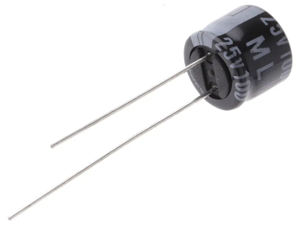 Condensador electrolítico Rubycon serie ML, 100μF, ±20%, 25V dc, Radial, Orificio pasante, 8 (Dia.) x 7mm, paso 3.5mm |...