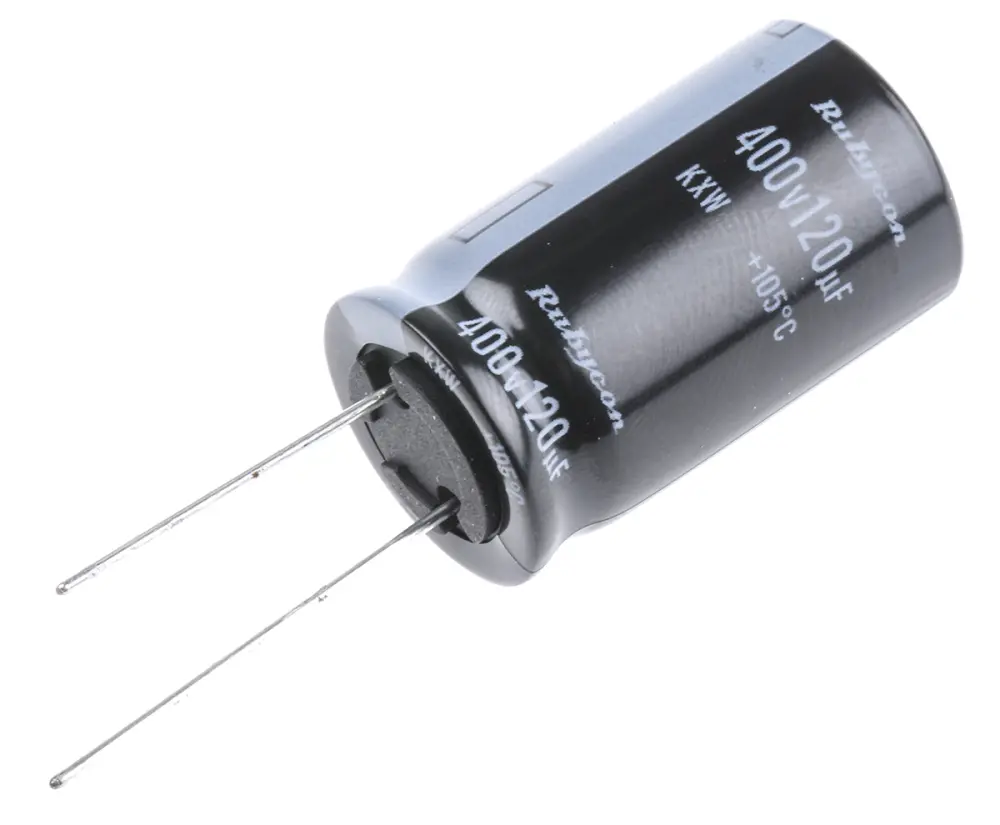 Condensador electrolítico Rubycon serie KXW, 120μF, ±20%, 400V dc, Radial, Orificio pasante, 18 (Dia.) x 30mm, paso | 4...