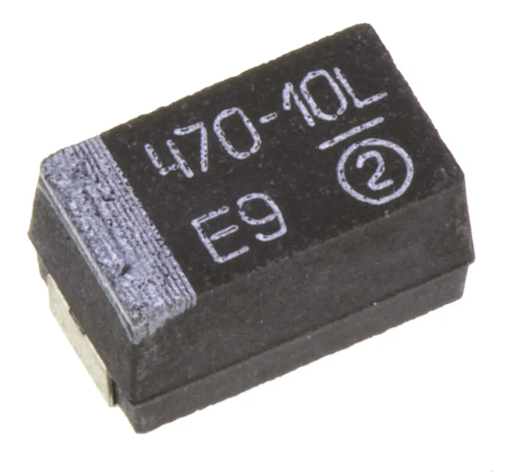 Condensador de tántalo Vishay TR3E477K010C0100, 470μF, ±10%, 10V dc, Montaje en Superficie, Encapsulado 7343-43, ESR