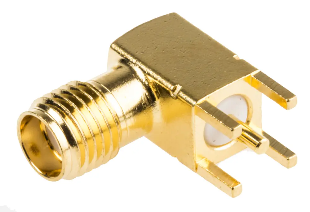 Conector coaxial Molex 73251-3130, Hembra, Ángulo de 90°, Impedancia 50Ω, Montaje en PCB, Terminación de Soldador, Oro