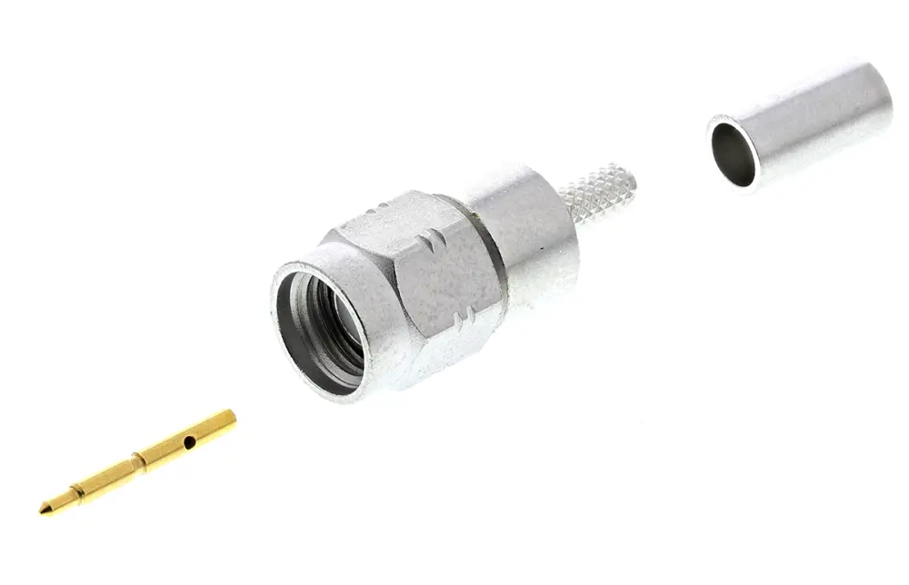 Conector coaxial Radiall R124072220W, Macho, Recto, Impedancia 50Ω, Montaje de Cable, Terminación de Crimpado, 0 to